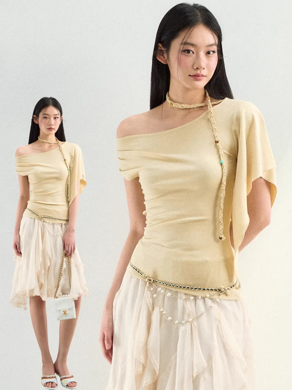 Asymmetrical Off-Shoulder Draped Blouse