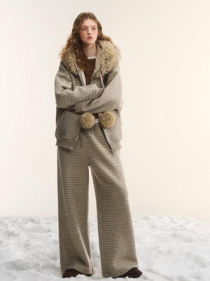 Plush Plaid Patchwork Jacket &amp; Straight-Leg Pants Set