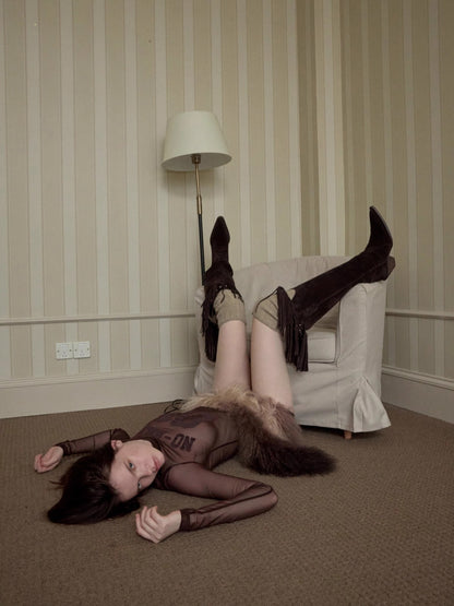 Velvet-Textured Sport Print Mesh Blouse