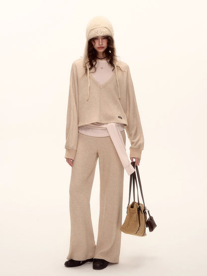 Waffle Knit V-Neck Pullover &amp; Tank Top &amp; Wide-Leg Pants Set