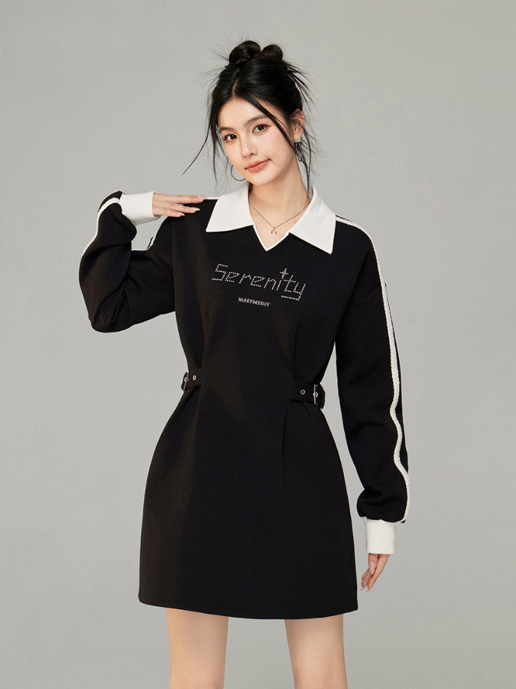 Color-Blocked Waist Cinching Polo V-neck Sweatshirt Dress