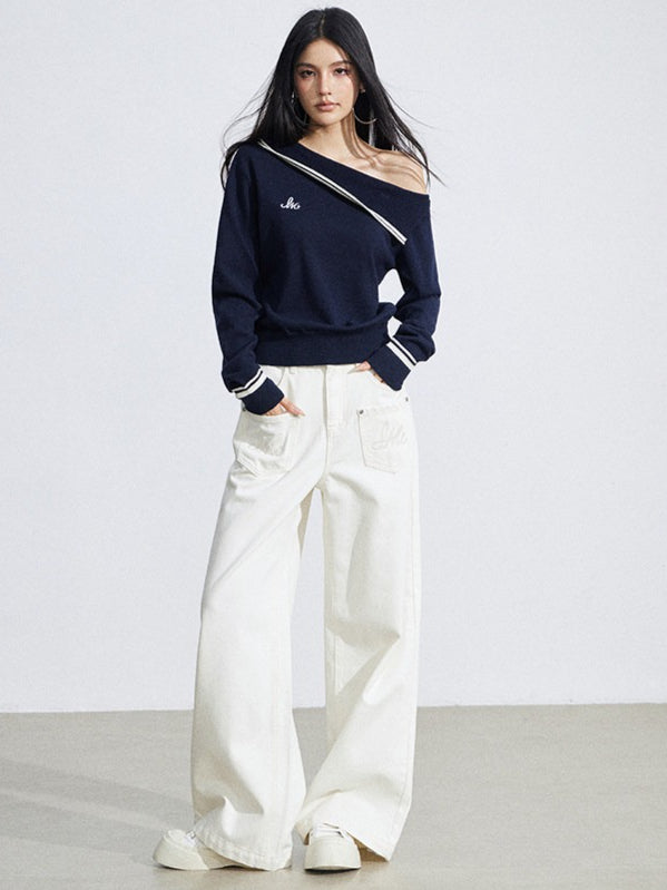 Embroidered Pocket Wide-Leg Denim Jeans