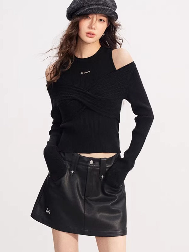 Bow Cable-Knit Vest Long-Sleeve Two-Piece Set