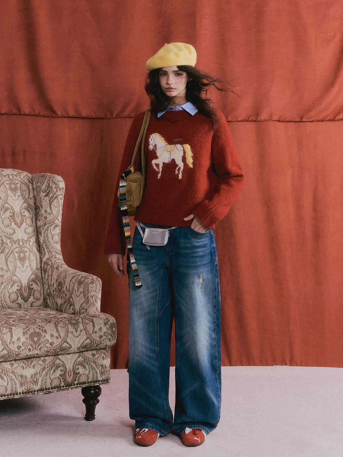 Wool Blend Horse Jacquard Embroidered Sweater