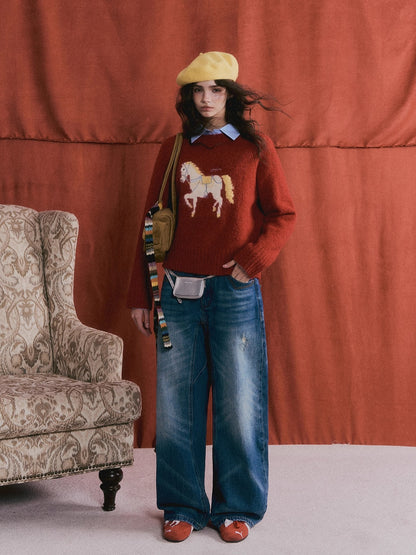 Wool Blend Horse Jacquard Embroidered Sweater