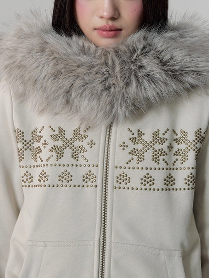 Vintage Rivet Embellished Fleece Hoodie Jacket
