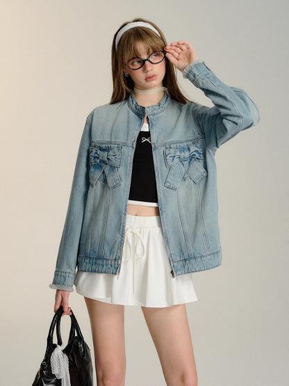 Blue 3D Bow Moto Denim Jacket