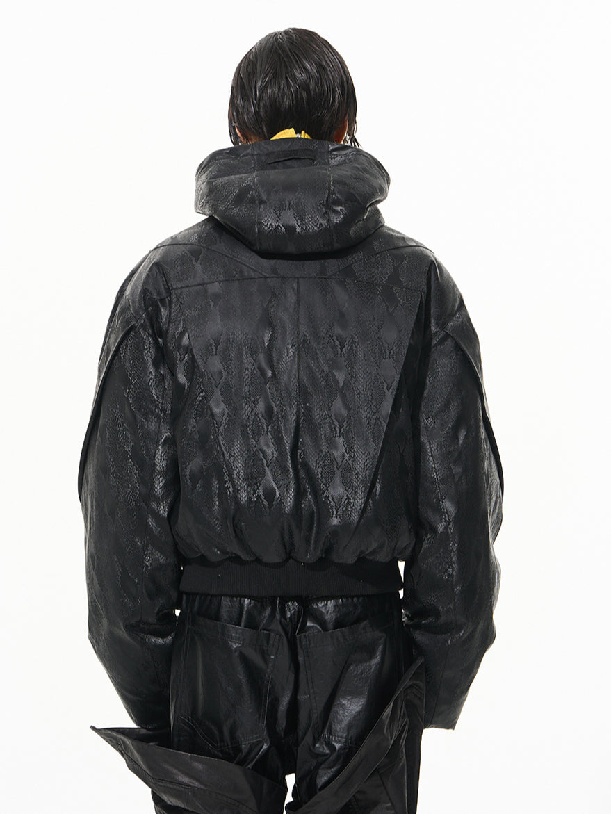 Dark Snake Pattern Short Hooded Puffer Jacket