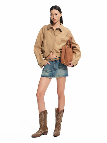 Washed Denim Twill Leather Patchwork Mini Skirt - CHINASQUAD