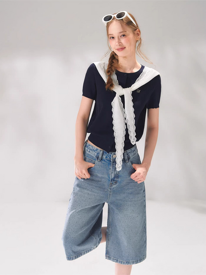 Sailor Tie-Detail Striped Knit Short Sleeve Top