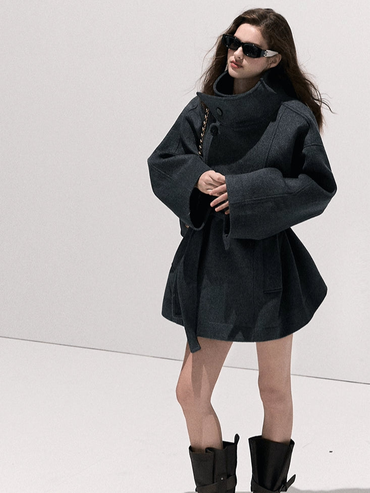 Stand-Collar Pure Wool Tailored Coat