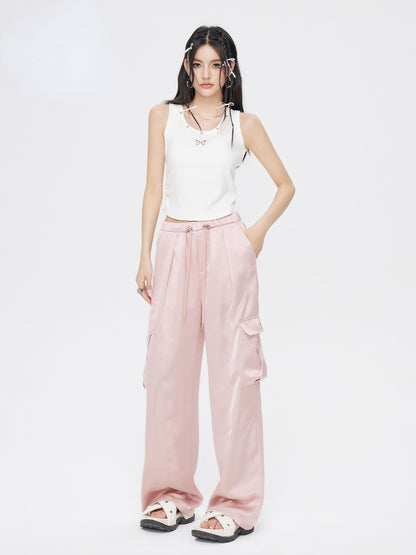 Pink &amp; White Silk Wide-Leg Pants