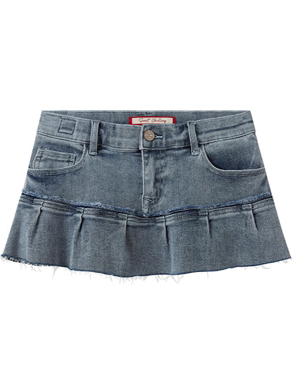 Denim Patchwork Pleated Mini Skirt