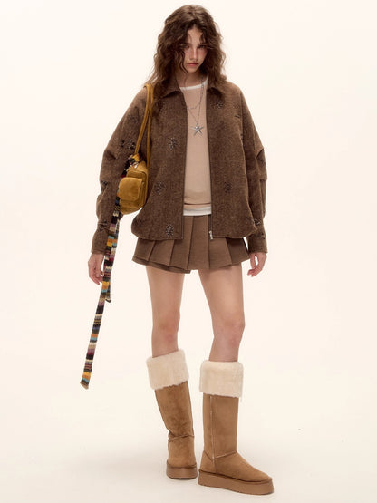 Sequin Embroidered Plaid Wool Blouson Jacket