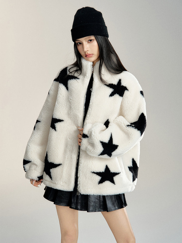 White Stand Collar Sherpa Star Jacket