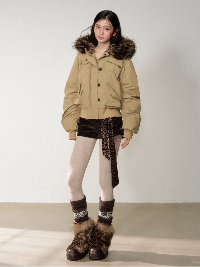 Studded Faux Fur Collar Bomber Down Jacket