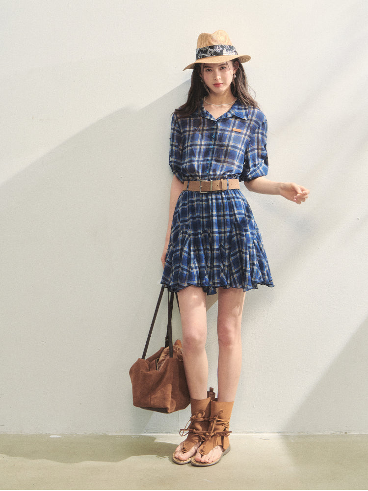 Collared Checked Waist-fitted Long-sleeve Shirt Dress - CHINASQUAD