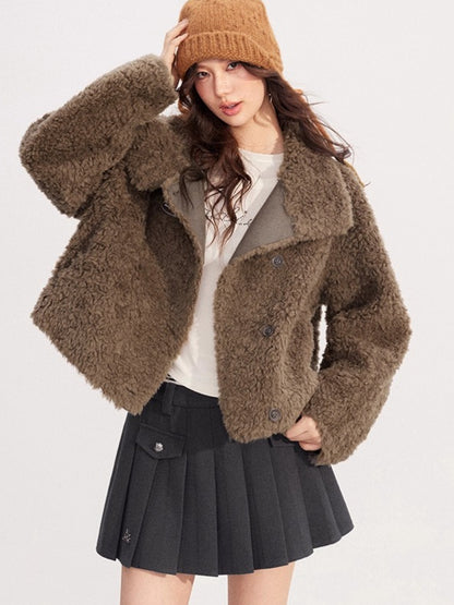 Shearling-Trim Stand-Collar Cropped Jacket