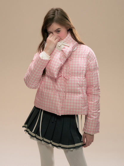 Reversible Pink Plaid &amp; White Down Jacket