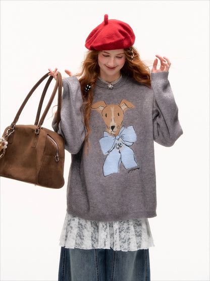 Bow-Knot Puppy Jacquard Pullover Crewneck - CHINASQUAD