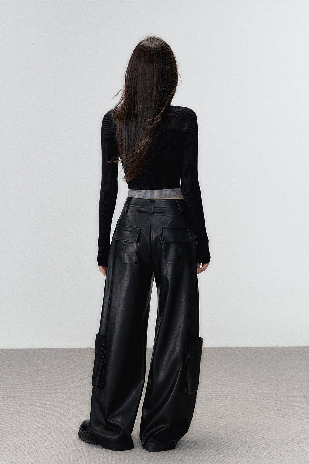 Black Rivet Straight Leather Pants - CHINASQUAD