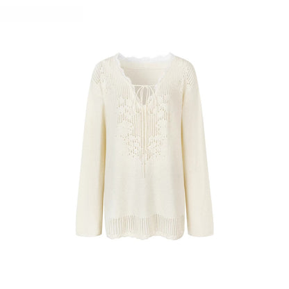 Lace Trim V-Neck Wool Blend Knit Sweater