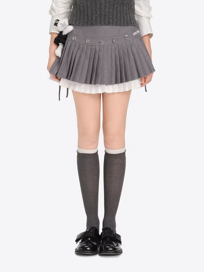 Rhinestone-Embellished Double-Layer Pleated Mini Skirt