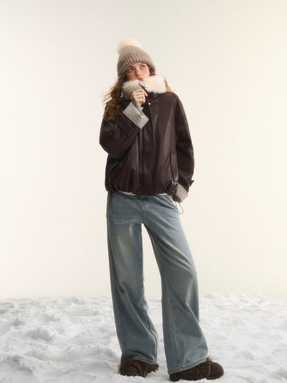 Faux-Fur Collar Down Leather Jacket