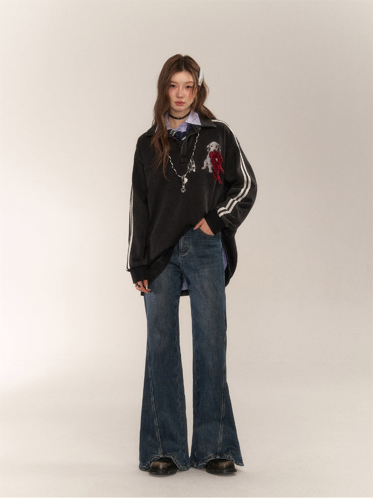 Wavy Hem Bell-bottom Straight-Leg Jeans