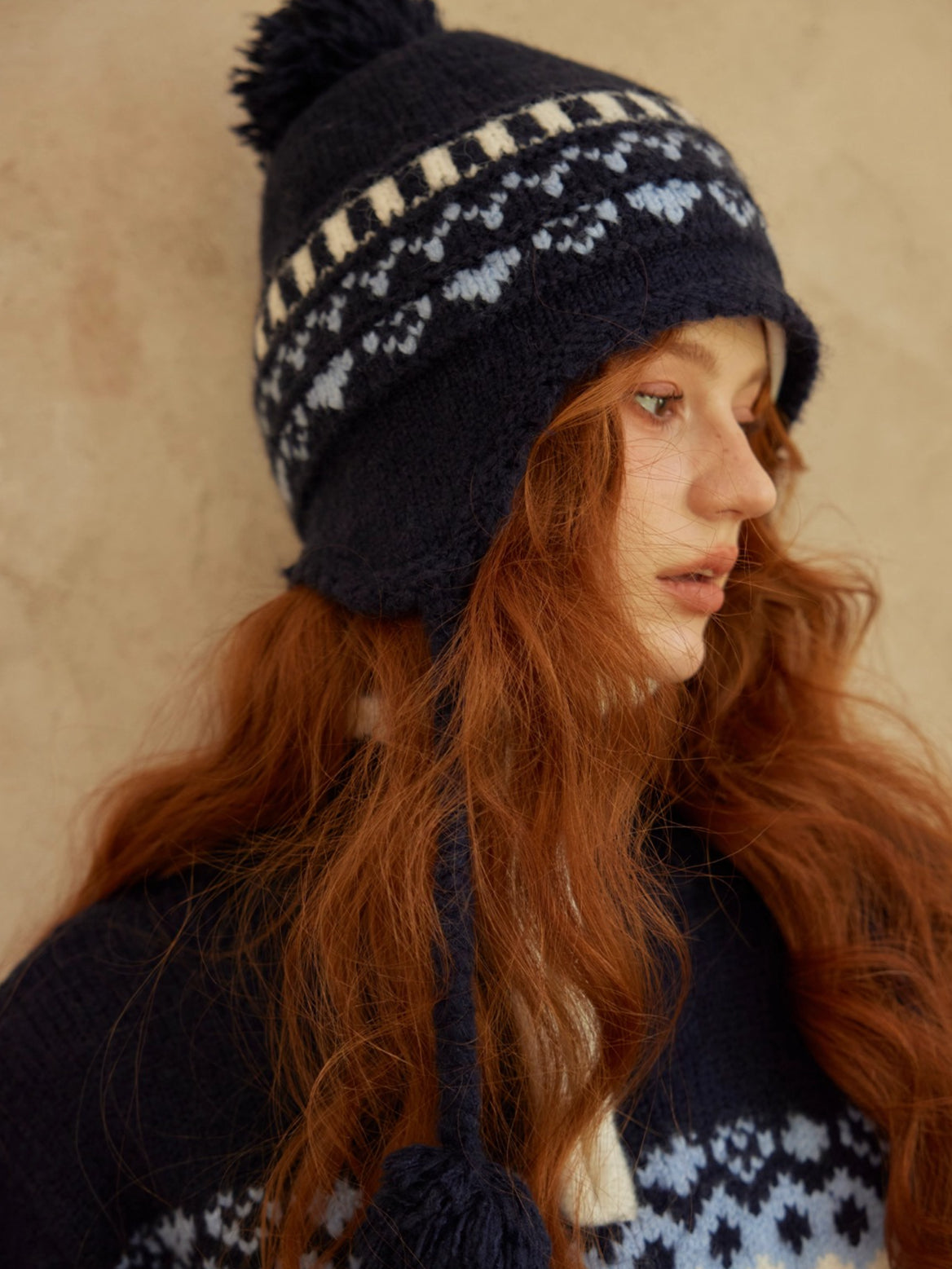 Fair Isle Heart Zip-Up Matching Hat Knit Sweater