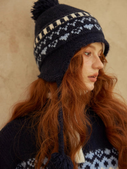 Fair Isle Heart Zip-Up Matching Hat Knit Sweater
