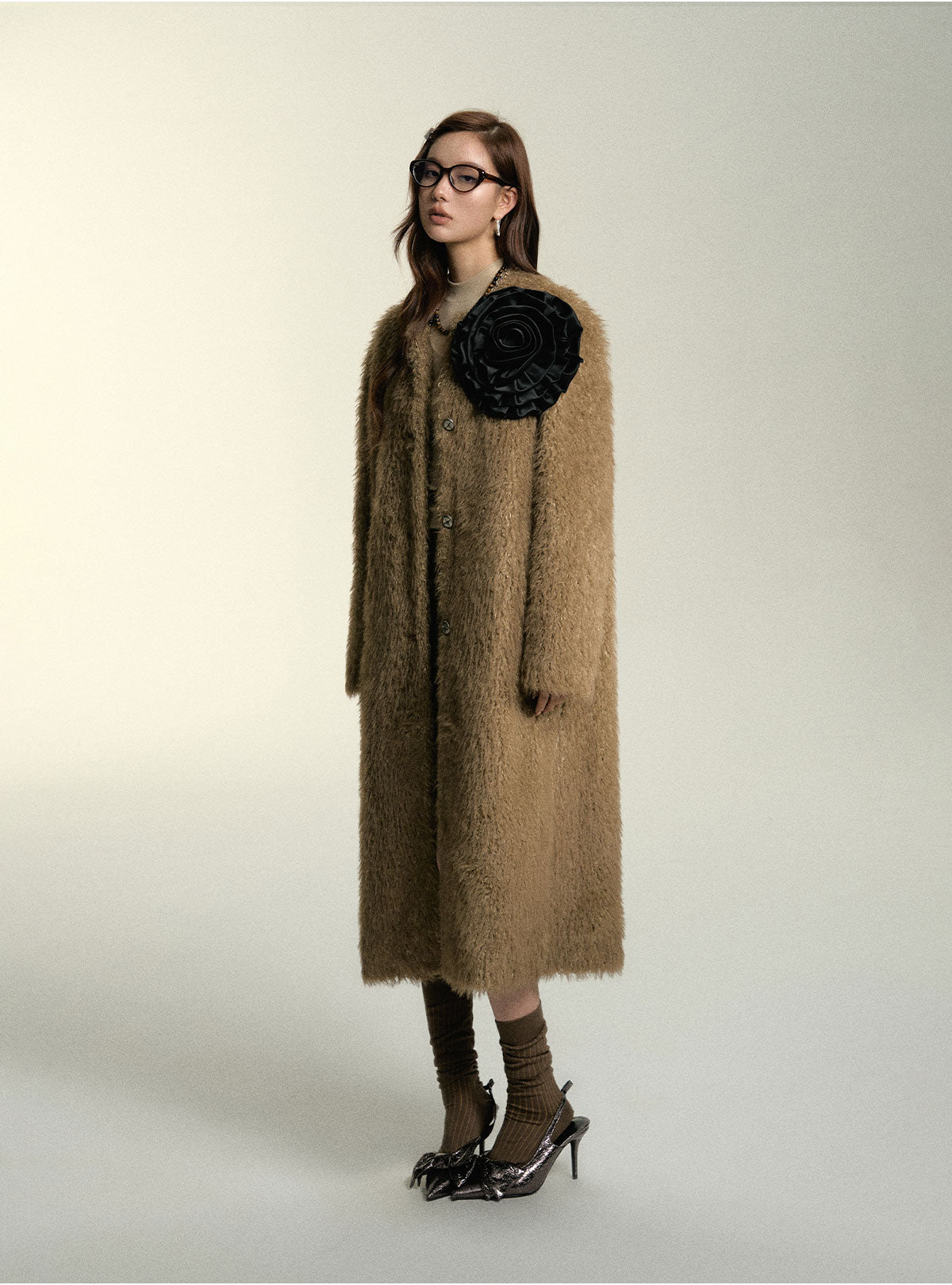 Khaki &amp; Milk White Long Suede Fur Coat - CHINASQUAD