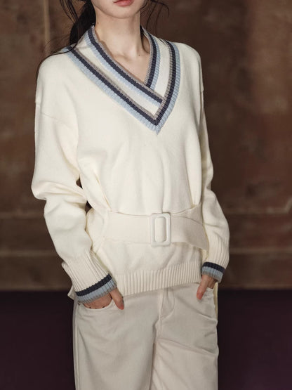 Contrast Double-V Neck Relaxed Knit Sweater