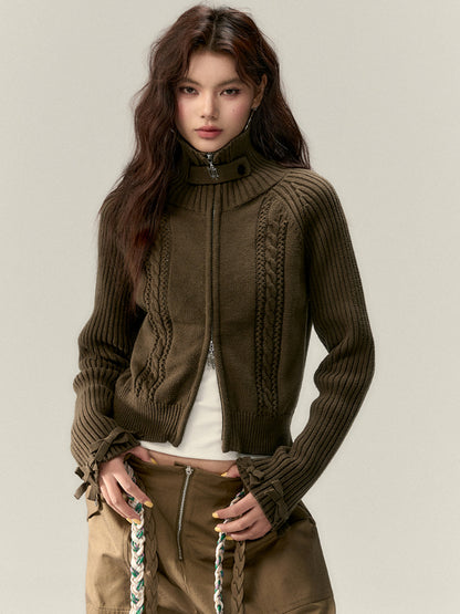 Bowknot Turtleneck Knit Cardigan Sweater