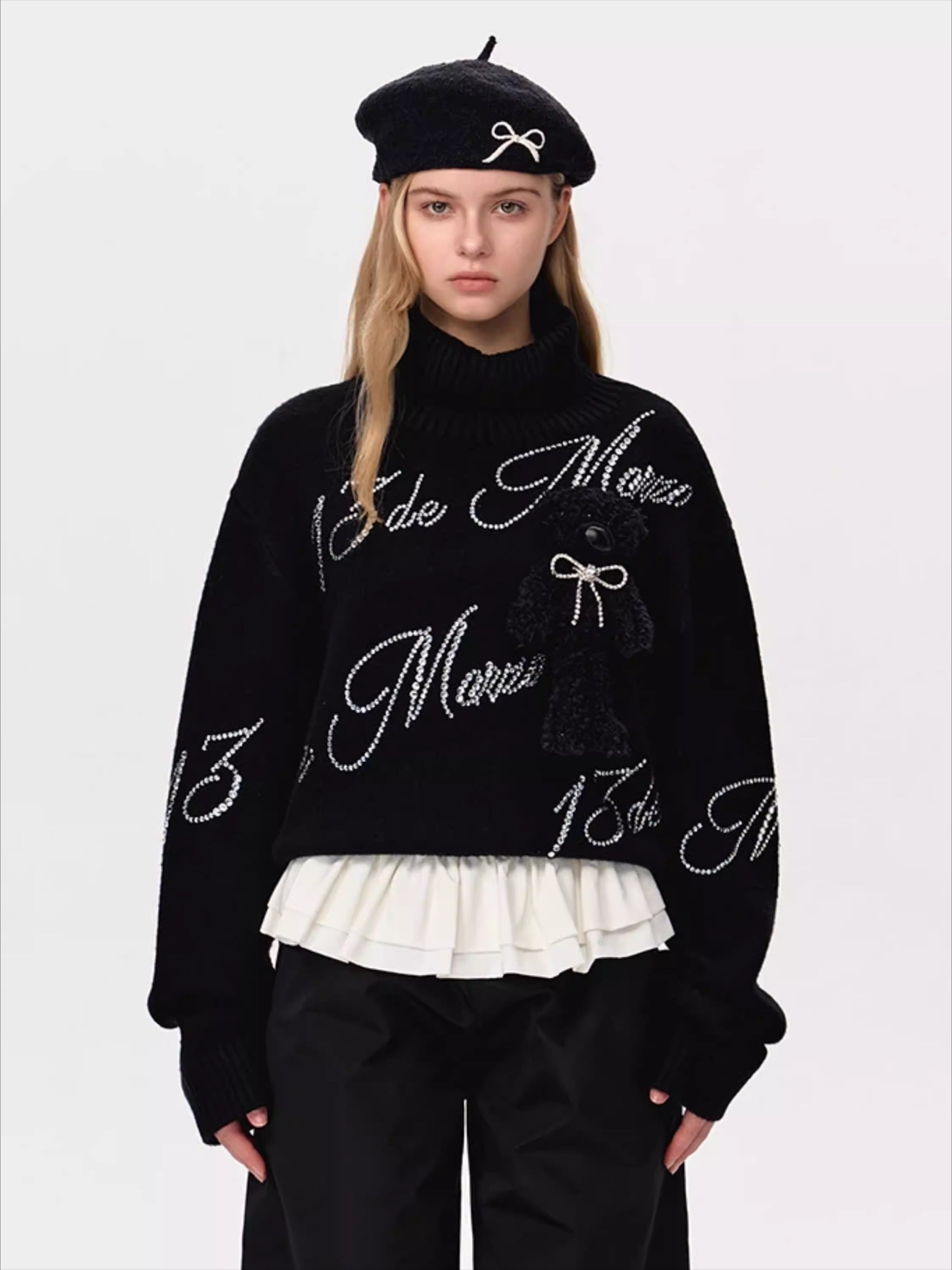 Crystal-Embellished Mock-Neck Knit Sweater