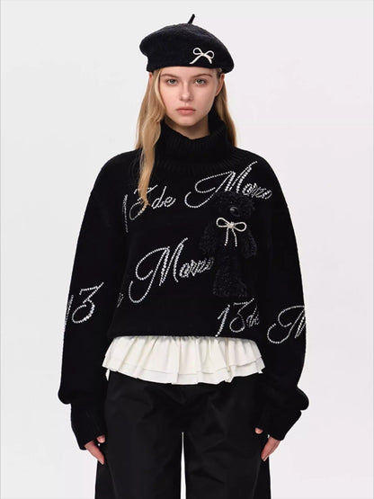 Crystal-Embellished Mock-Neck Knit Sweater