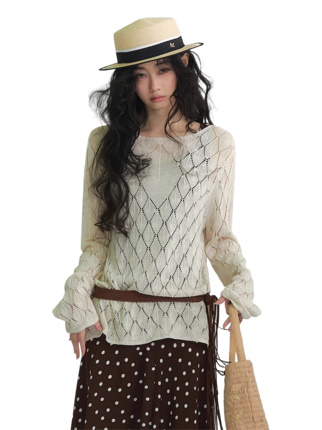Openwork Diamond-Knit Washi Yarn Long-Sleeve Top