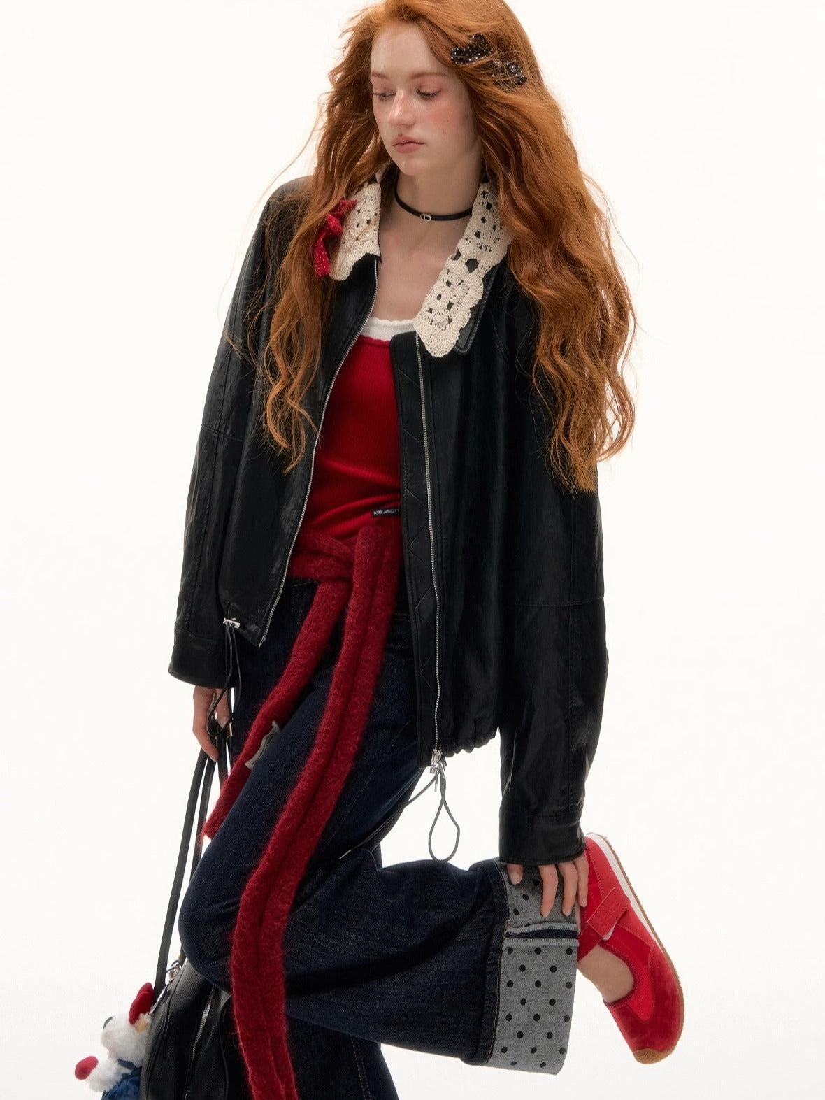 Detachable Collar Zip-Up Leather Jacket