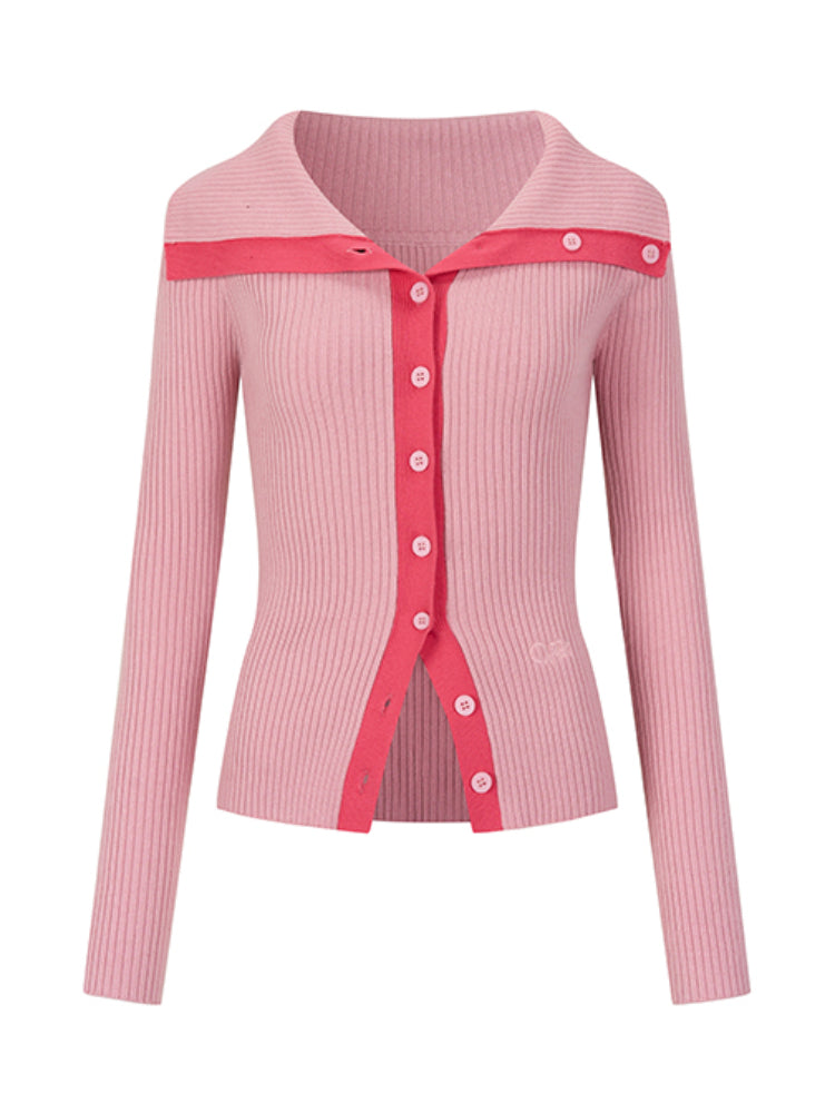 Color-Block Large-Collar Knitted Cardigan