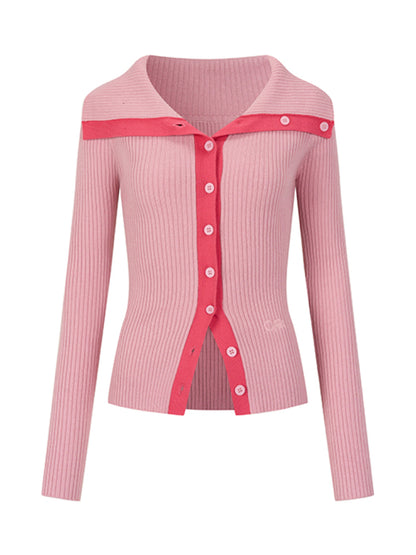 Color-Block Large-Collar Knitted Cardigan