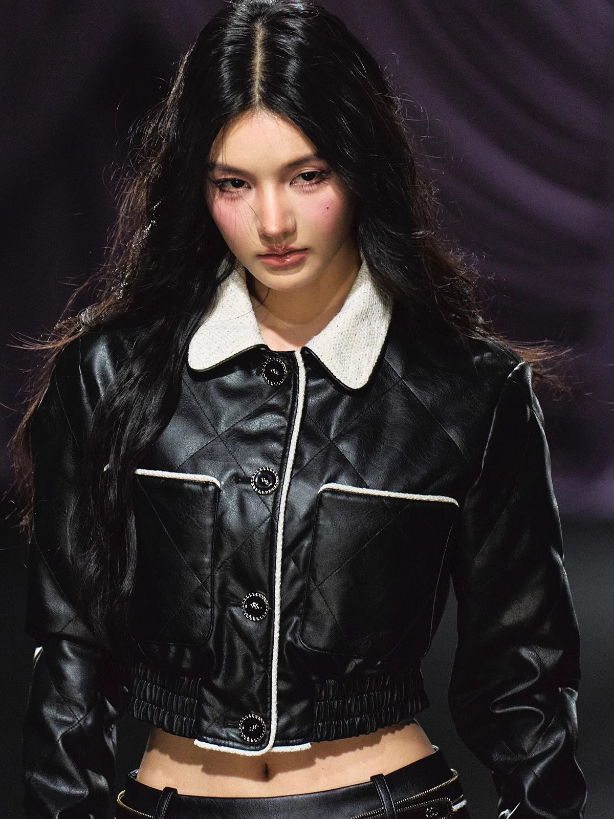 Contrast Trim Quilted Leather Jacket &amp; Skirt Set