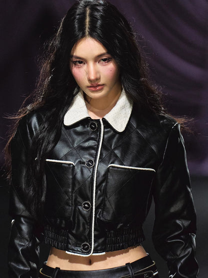 Contrast Trim Quilted Leather Jacket &amp; Skirt Set