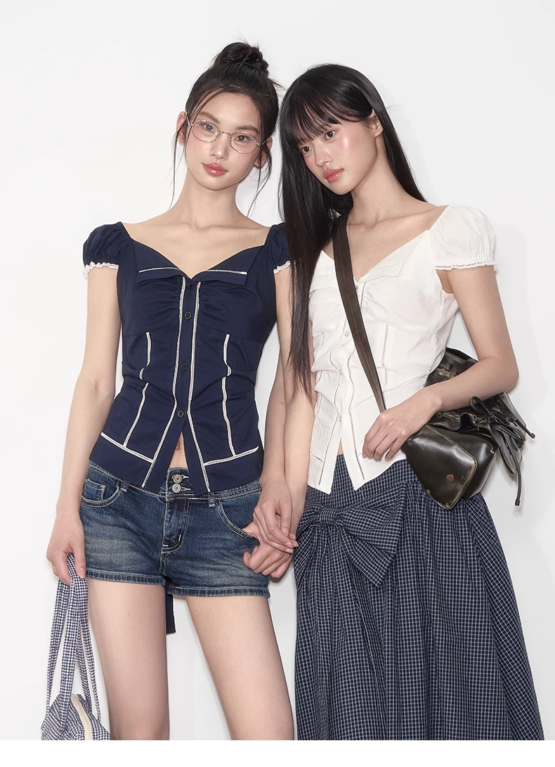Lapel Waist-Cinching Lace Elastic Shirt - CHINASQUAD
