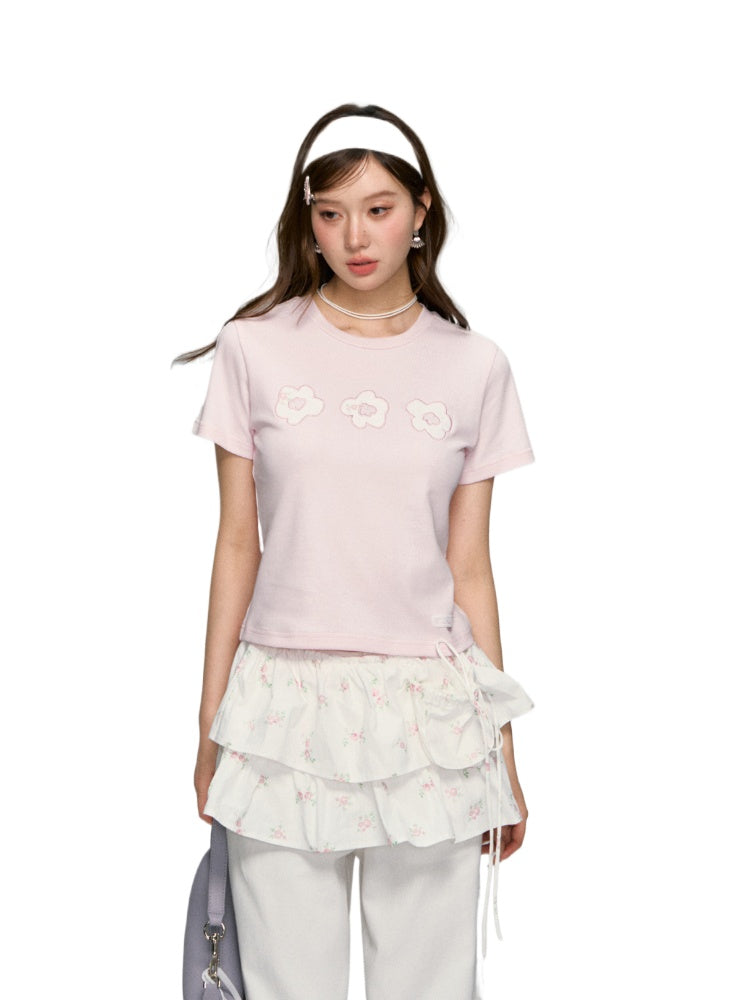 Flower Applique Round Neck T-shirt