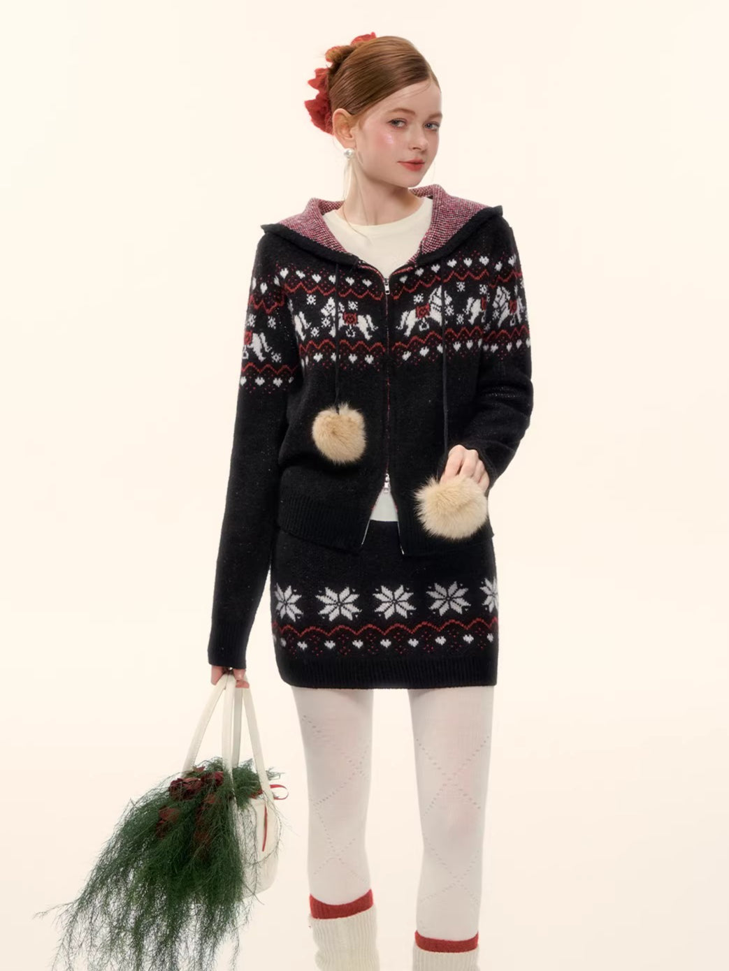 Hooded Knit Cardigan &amp;  Mini Skirt Two-Piece Set