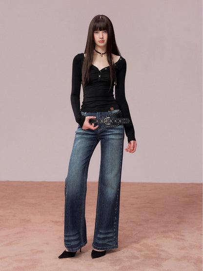 Straight-Leg Washed Denim Pants