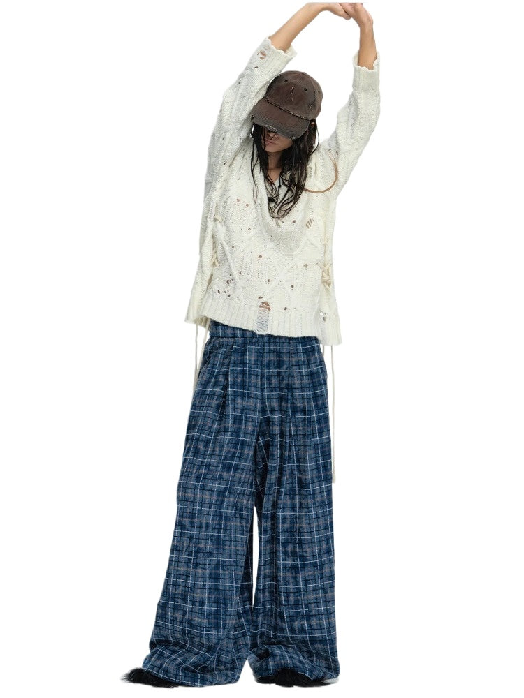 Loose Wide-Leg Dyed Plaid Pants