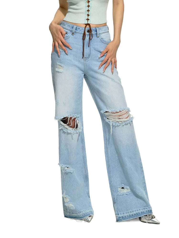 Distressed Straight-Leg Wide-Leg Jeans