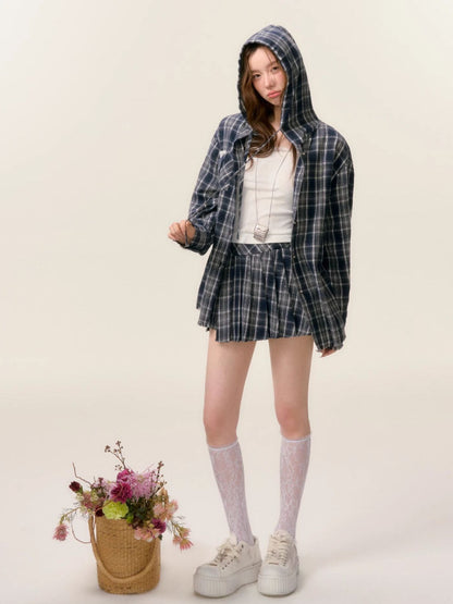 Plaid Hooded Long Sleeve Shirt &amp; Skirt Set
