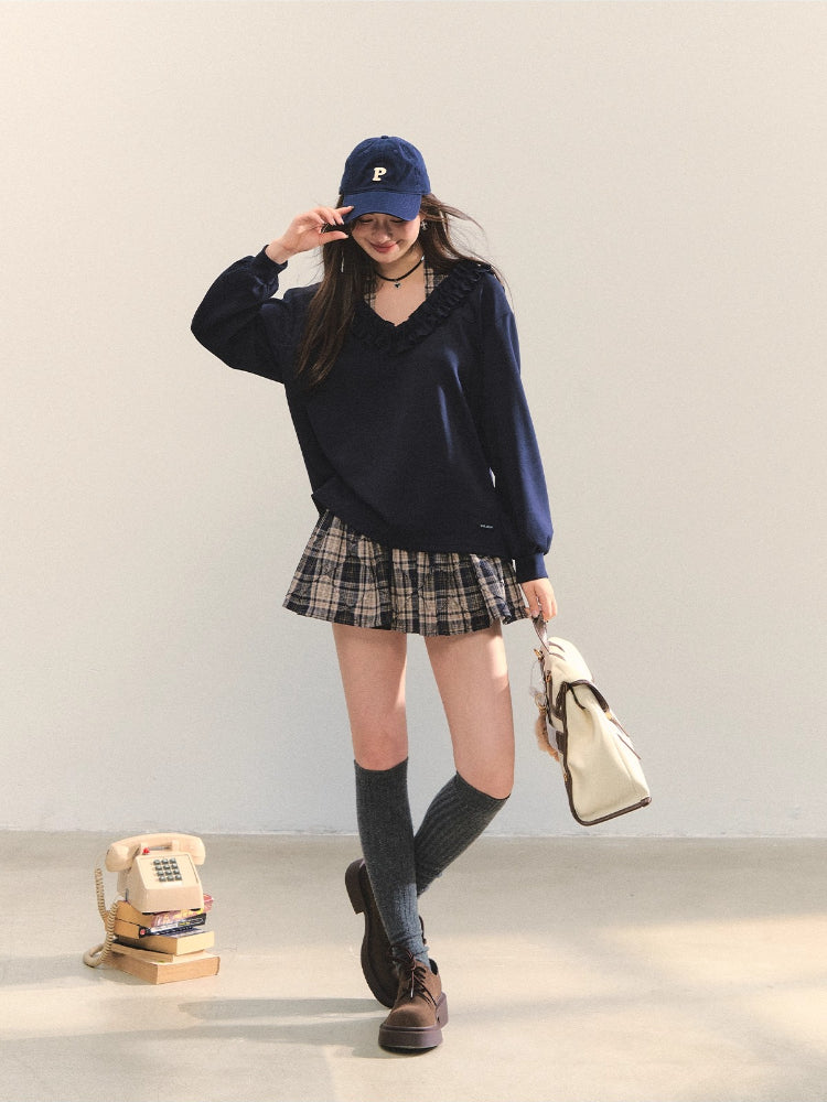 V-neck Ruffle Plaid Spliced Halter Sweatshirt